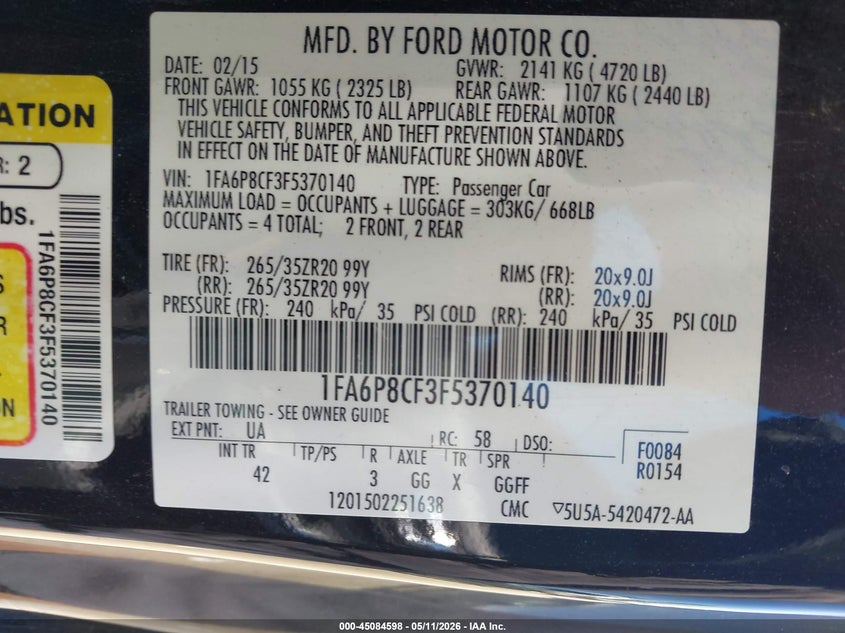 2015 Ford Mustang VIN 1FA6P8CF3F5370140 IAAI salvage auction — FRONT END, Salvage (Iowa), sold $6,100 on 2026-07-28 (photo 9)