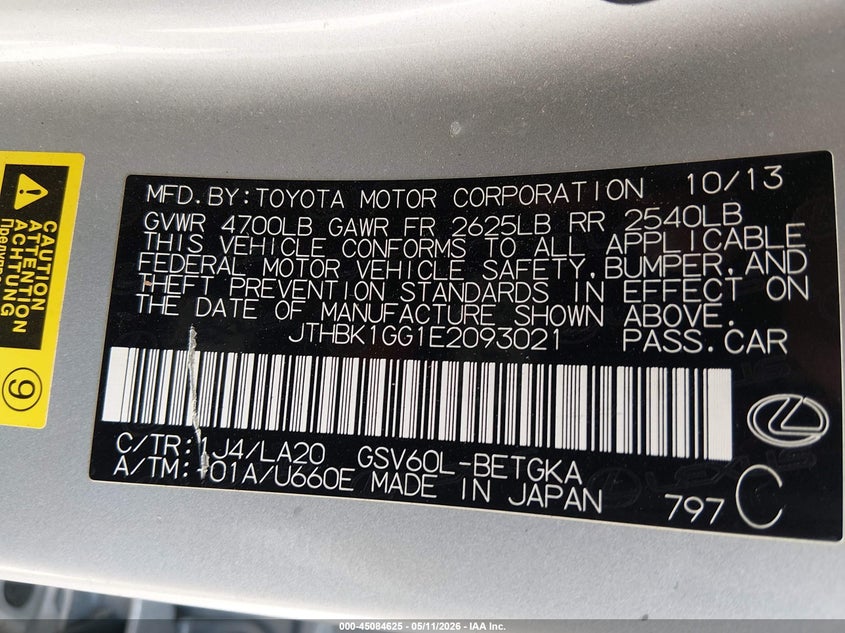2014 Lexus VIN JTHBK1GG1E2093021 IAAI salvage auction — FRONT END, Salvage (Texas), sold $1,950 on 2026-07-14 (photo 9)