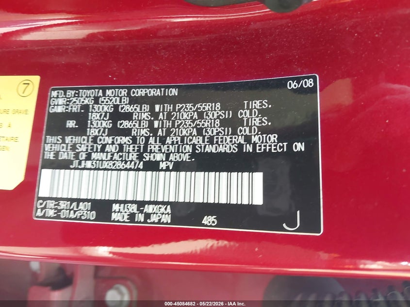 2008 Lexus Rx 400h VIN JTJHW31UX82864474 IAAI salvage auction — FRONT END, Original (Texas), sold $1,000 on 2026-07-14 (photo 9)