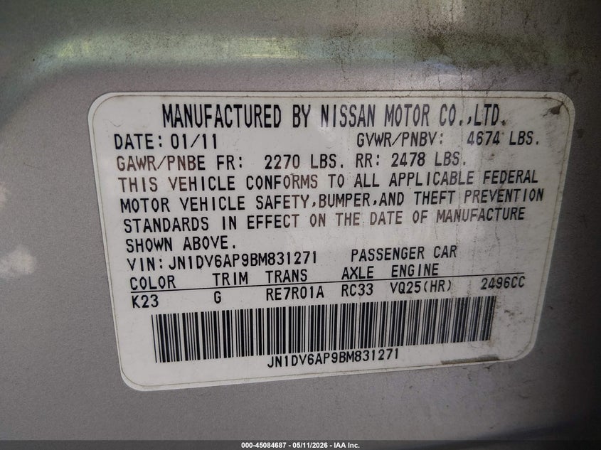 2011 Infiniti G25 VIN JN1DV6AP9BM831271 IAAI salvage auction — FRONT END, Clear (Oklahoma), sold $325 on 2026-07-28 (photo 9)