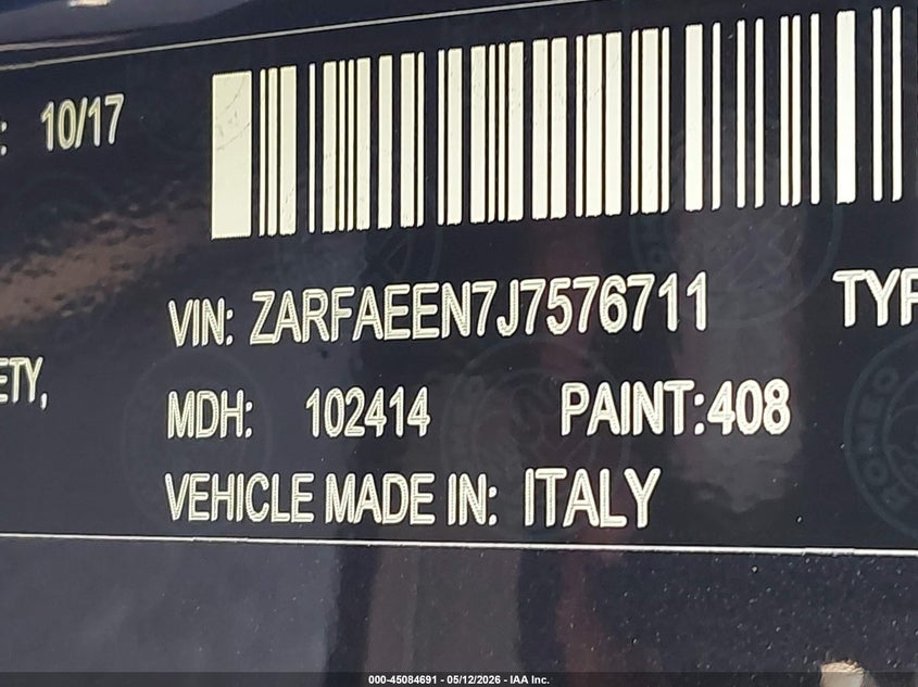 2018 Alfa romeo Giulia VIN ZARFAEEN7J7576711 IAAI salvage auction — HAIL, Salvage (Texas), sold $3,050 on 2026-07-14 (photo 9)