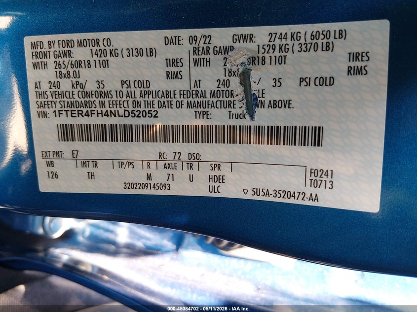 2022 Ford Ranger VIN 1FTER4FH4NLD52052 IAAI salvage auction — FRONT END, Salvage Title, sold $11,350 on 2026-08-25 (photo 9)