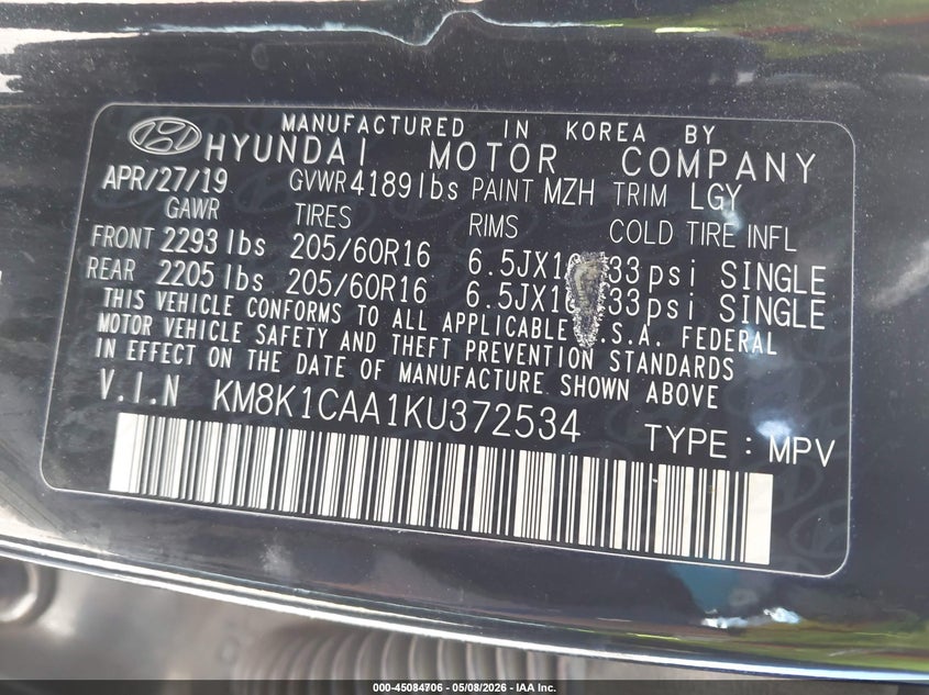 2019 Hyundai Kona VIN KM8K1CAA1KU372534 IAAI salvage auction — SIDE, SF97 (Montana), sold $11,325 on 2026-07-08 (photo 9)