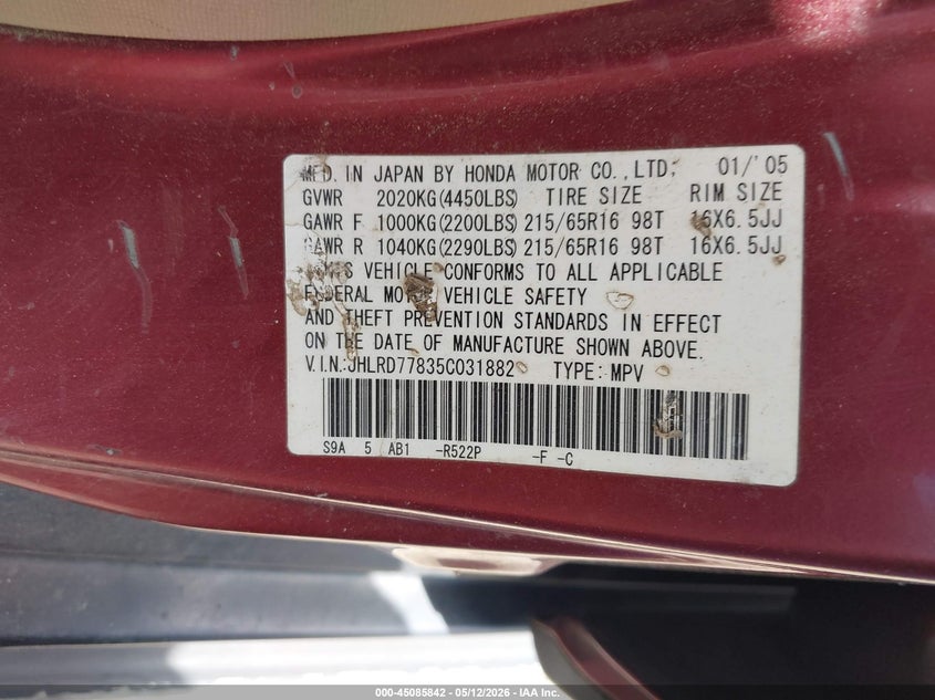 2005 Honda Cr-v VIN JHLRD77835C031882 IAAI salvage auction — NORMAL WEAR, Salvage (Texas), sold $1,050 on 2026-07-10 (photo 9)