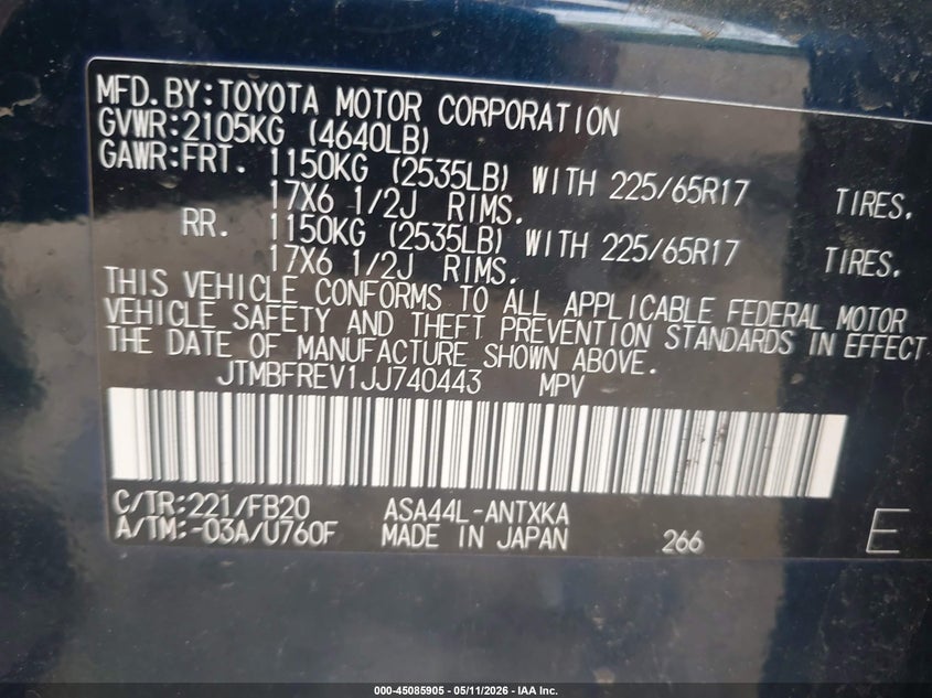 2018 Toyota Rav 4 VIN JTMBFREV1JJ740443 IAAI salvage auction — REAR END, Salvage (Massachusetts), sold $5,500 on 2026-07-17 (photo 9)