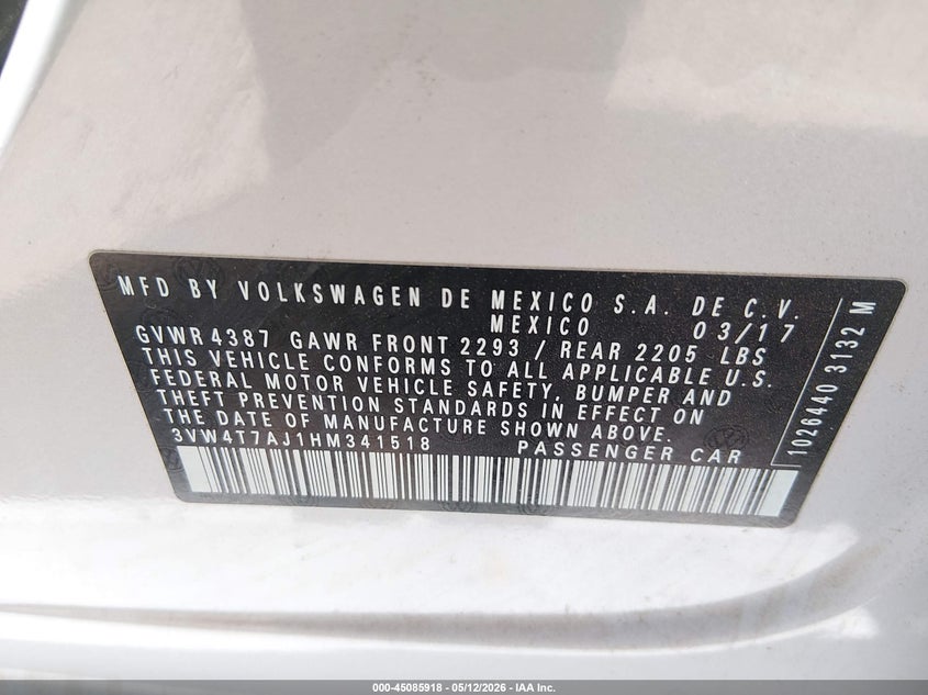 2017 Volkswagen Jetta VIN 3VW4T7AJ1HM341518 IAAI salvage auction — FRONT END, Salvage (Maryland), sold $3,000 on 2026-07-12 (photo 9)