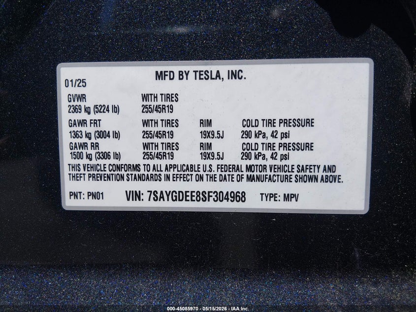 2025 Tesla Model y VIN 7SAYGDEE8SF304968 IAAI salvage auction — FRONT END, Salvage - Greater Than 75% (Maryland), sold $14,400 on 2026-07-31 (photo 9)