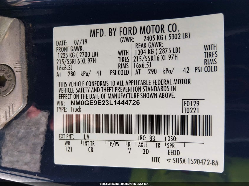 2020 Ford Transit connect VIN NM0GE9E23L1444726 IAAI salvage auction — NORMAL WEAR, Sf97 (Wisconsin), sold $9,975 on 2026-07-20 (photo 9)
