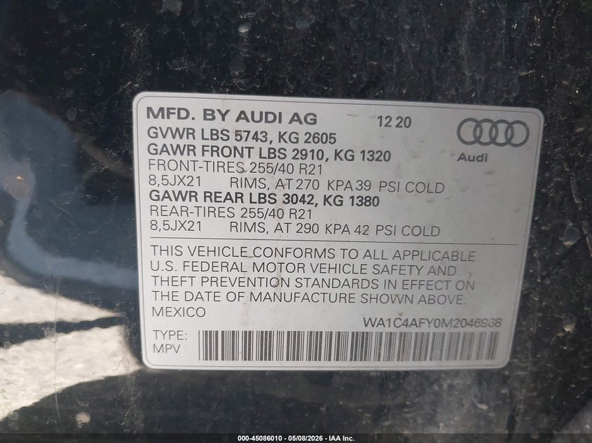 2021 Audi Sq5 VIN WA1C4AFY0M2046968 IAAI salvage auction — LEFT REAR, Clear - Dealer Only (California), sold $5,550 on 2026-07-08 (photo 9)