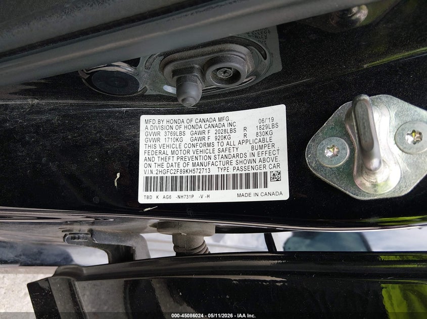 2019 Honda Civic VIN 2HGFC2F89KH572713 IAAI salvage auction — FRONT END, Rebuildable (Florida), sold $2,875 on 2026-07-19 (photo 9)