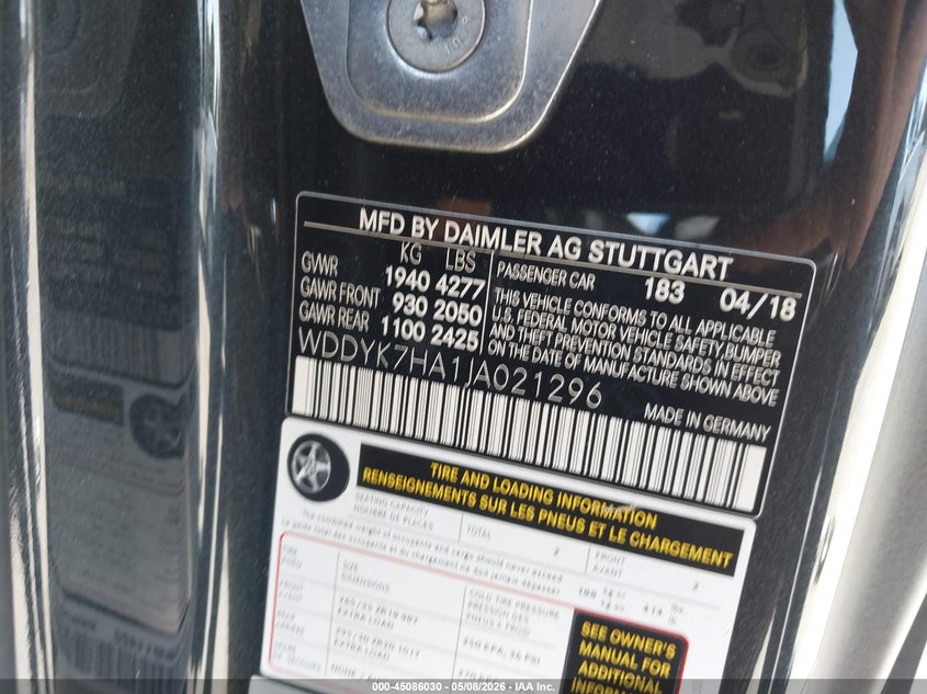2018 Mercedes-benz AMG GT VIN WDDYK7HA1JA021296 IAAI salvage auction — FRONT END, Salvage (California), sold $34,000 on 2026-07-06 (photo 9)