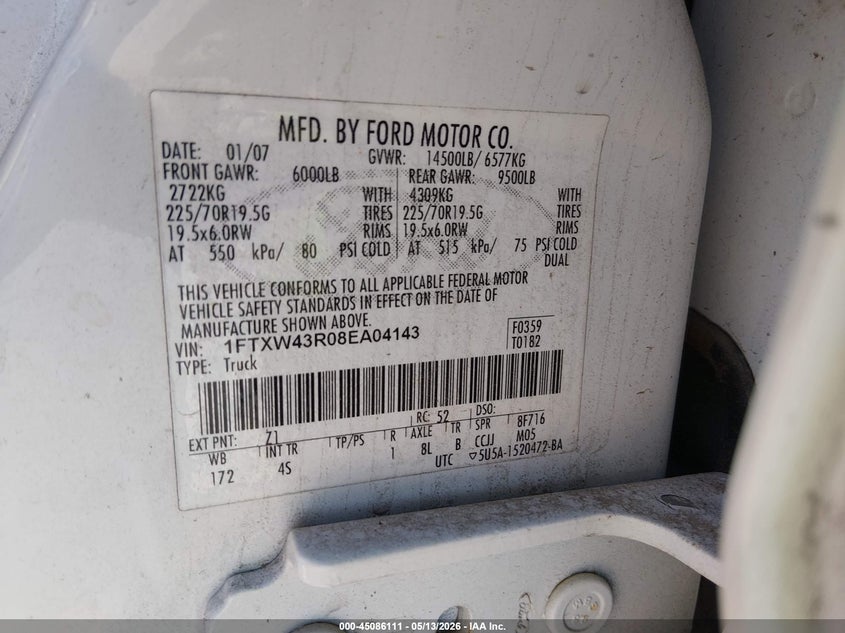 2008 Ford F-450 VIN 1FTXW43R08EA04143 IAAI salvage auction — BIO HAZARD, Original (Texas), sold $525 on 2026-07-09 (photo 9)