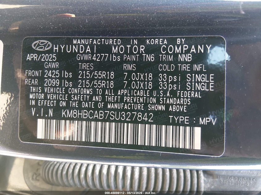 2025 Hyundai Kona VIN KM8HBCAB7SU327842 IAAI salvage auction — RIGHT FRONT, Salvage - Greater Than 75% (Maryland), sold $4,850 on 2026-07-22 (photo 9)