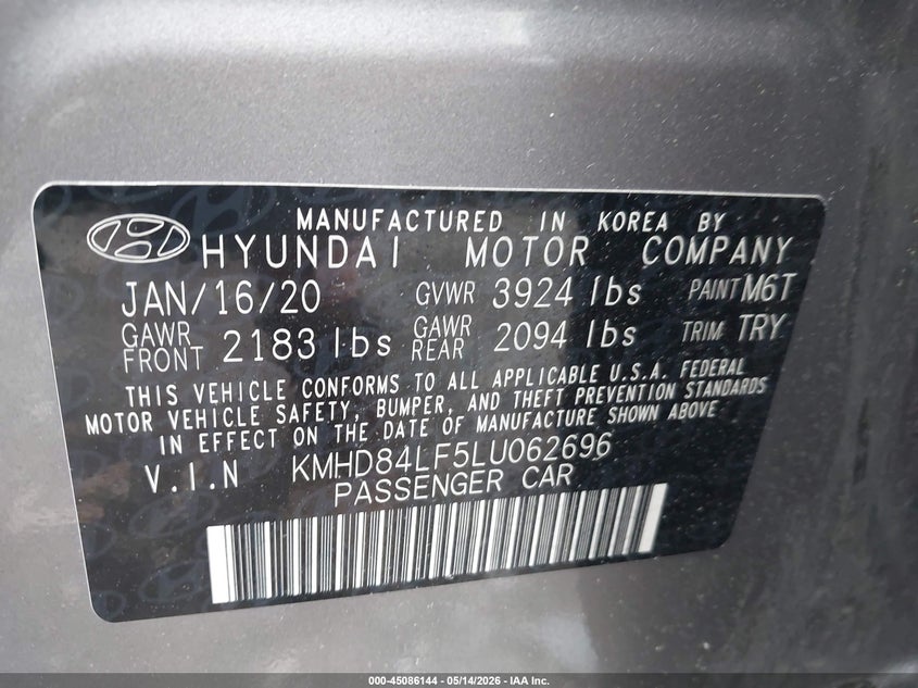 2020 Hyundai Elantra VIN KMHD84LF5LU062696 IAAI salvage auction — FRONT END, Salvage (Pennsylvania), sold $2,750 on 2026-07-07 (photo 9)