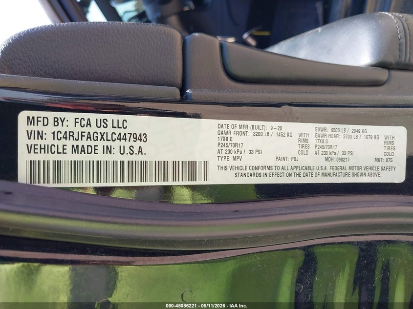 2020 Jeep Grand cherokee VIN 1C4RJFAGXLC447943 IAAI salvage auction — FRONT END, Original (Texas), sold $5,550 on 2026-09-04 (photo 9)