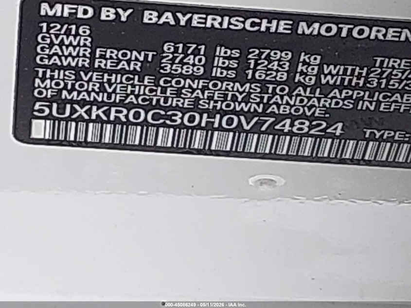 2017 BMW X5 VIN 5UXKR0C30H0V74824 IAAI salvage auction — FRONT END, Mv-907A (New York), sold $12,250 on 2026-07-07 (photo 9)