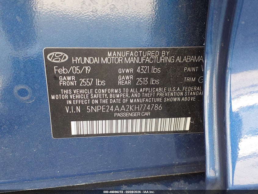 2019 Hyundai Sonata VIN 5NPE24AA2KH774786 IAAI salvage auction — NORMAL WEAR, SF97 (Louisiana), sold $10,225 on 2026-07-09 (photo 9)