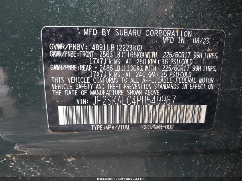 2023 Subaru Forester VIN JF2SKAEC4PH549967 IAAI salvage auction — FRONT END, Salvage (New Jersey), sold $7,550 on 2026-07-14 (photo 9)