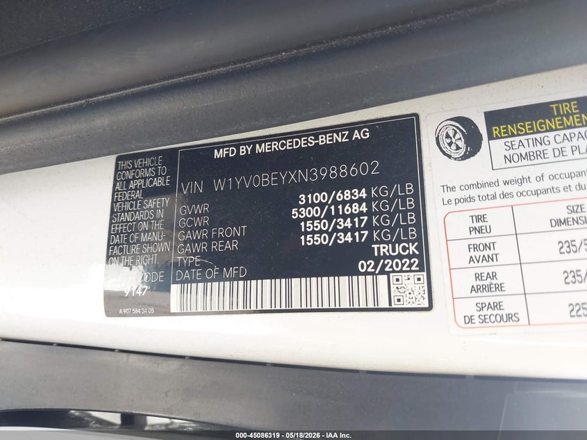 2022 Mercedes-benz Metris VIN W1YV0BEYXN3988602 IAAI salvage auction — FRONT END, Salvage (Georgia), sold $7,200 on 2026-07-22 (photo 9)