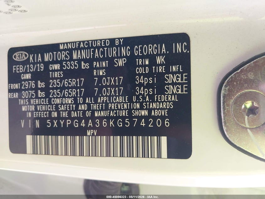 2019 Kia Sorento VIN 5XYPG4A36KG574206 IAAI salvage auction — SIDE, Original (Texas), sold $4,950 on 2026-07-18 (photo 9)