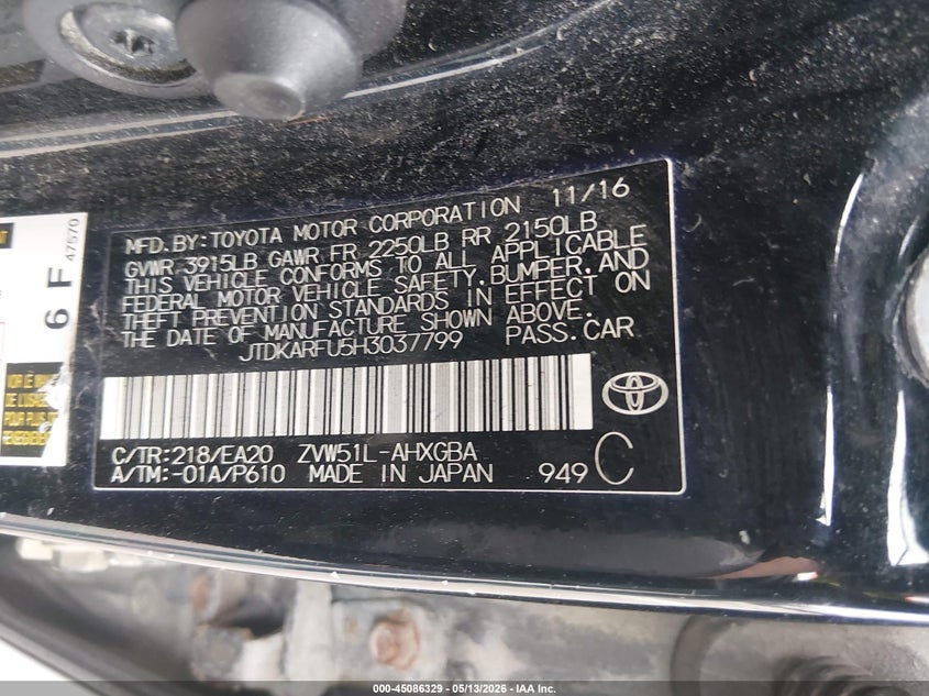 2017 Toyota Prius VIN JTDKARFU5H3037799 IAAI salvage auction — RIGHT FRONT, Salvage (New Hampshire), sold $2,200 on 2026-07-15 (photo 9)