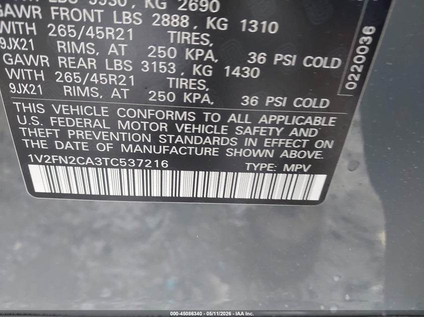 2026 Volkswagen Atlas VIN 1V2FN2CA3TC537216 IAAI salvage auction — REAR END, Salvage (Virginia), sold $17,300 on 2026-07-29 (photo 9)