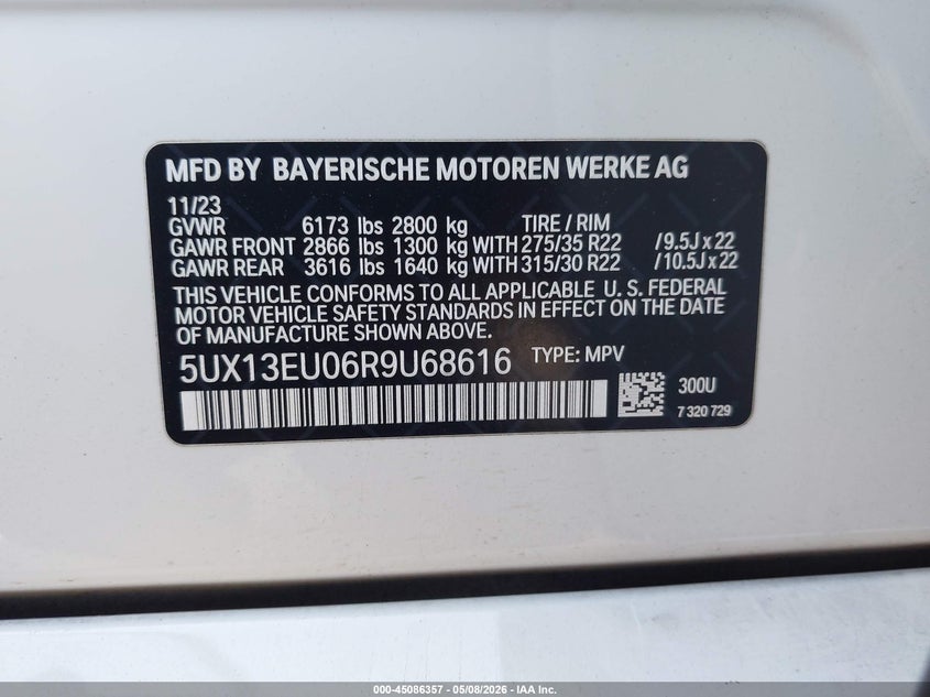 2024 BMW X5 VIN 5UX13EU06R9U68616 IAAI salvage auction — LEFT REAR, Salvage (California), sold $22,600 on 2026-07-30 (photo 9)