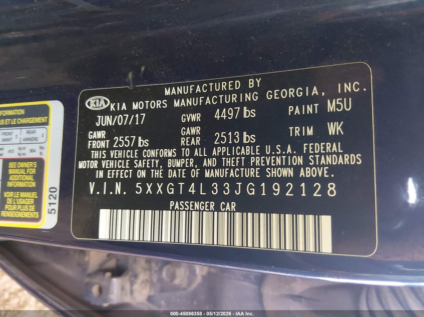2018 Kia Optima VIN 5XXGT4L33JG192128 IAAI salvage auction — LEFT & RIGHT, Salvage (Arizona), sold $1,500 on 2026-07-29 (photo 9)
