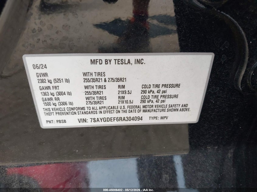 2024 Tesla Model y VIN 7SAYGDEF6RA304094 IAAI salvage auction — FRONT END, Rebuildable (Florida), sold $14,200 on 2026-07-20 (photo 9)