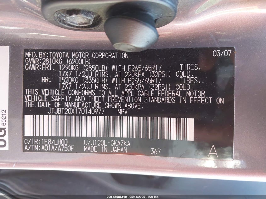 2007 Lexus Gx VIN JTJBT20X170140977 IAAI salvage auction — LEFT FRONT, Salvage (North Carolina), sold $5,425 on 2026-07-23 (photo 9)