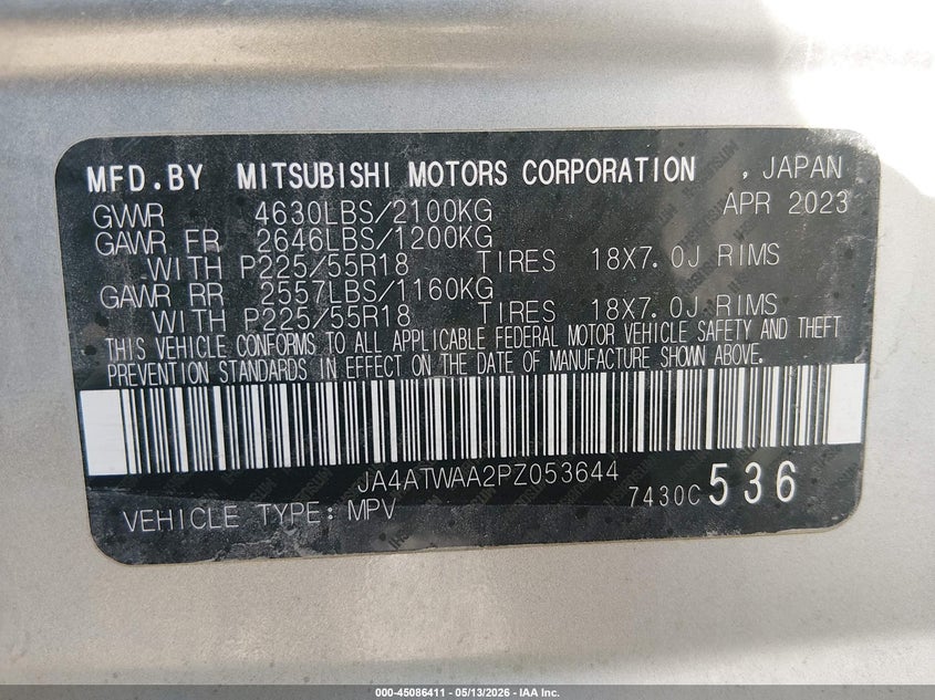 2023 Mitsubishi Eclipse cross VIN JA4ATWAA2PZ053644 IAAI salvage auction — FRONT END, Salvage Title, sold $6,000 on 2026-08-20 (photo 9)