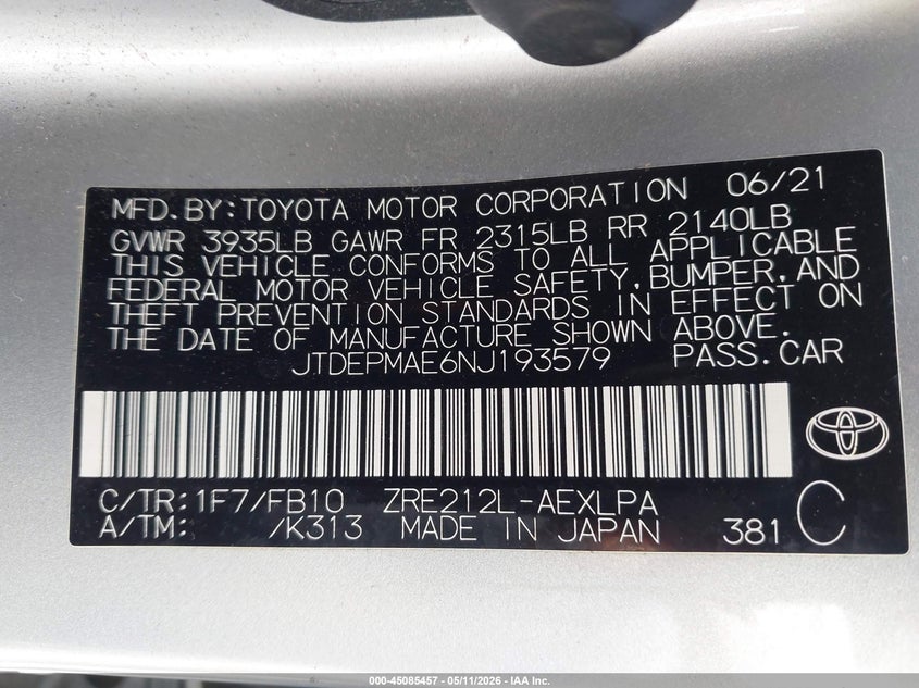 2022 Toyota Corolla VIN JTDEPMAE6NJ193579 IAAI salvage auction — LEFT REAR, Salvage (Idaho), sold $4,500 on 2026-07-17 (photo 9)
