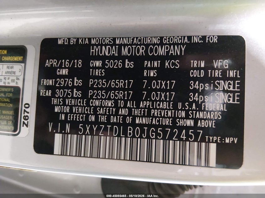 2018 Hyundai Santa fe VIN 5XYZTDLB0JG572457 IAAI salvage auction — THEFT, Bill Of Sale (Alaska), sold $3,050 on 2026-07-10 (photo 9)