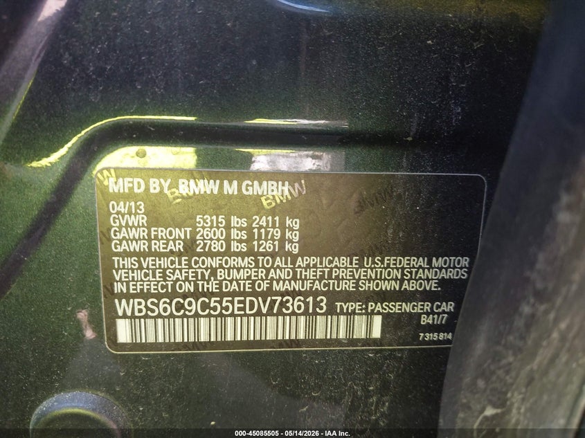 2014 BMW M6 VIN WBS6C9C55EDV73613 IAAI salvage auction — FRONT END, Salvage (Texas), sold $4,400 on 2026-07-11 (photo 9)