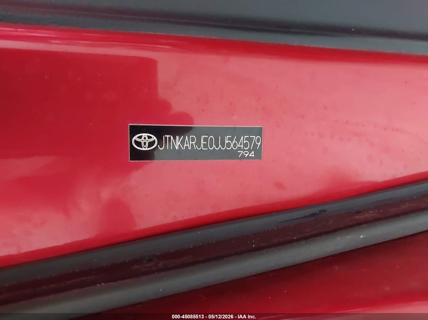 2018 Toyota Corolla VIN JTNKARJE0JJ564579 IAAI salvage auction — SIDE, Certificate Of Destruction (Florida), sold $925 on 2026-07-21 (photo 9)