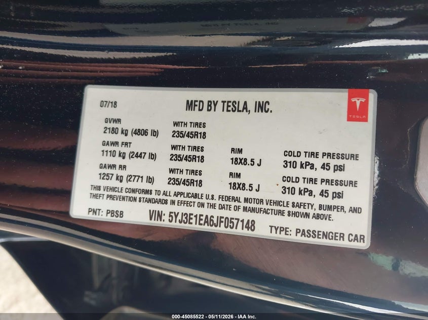 2018 Tesla Model 3 VIN 5YJ3E1EA6JF057148 IAAI salvage auction — LEFT FRONT, Original (Texas), sold $5,600 on 2026-07-29 (photo 9)
