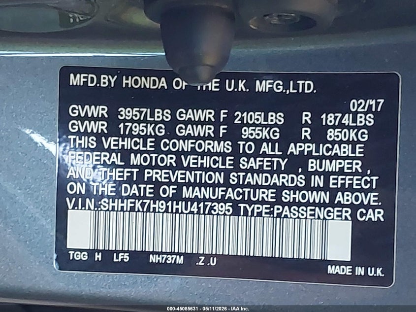 2017 Honda Civic VIN SHHFK7H91HU417395 IAAI salvage auction — FRONT & REAR, Salvage (California), sold $2,850 on 2026-07-21 (photo 9)