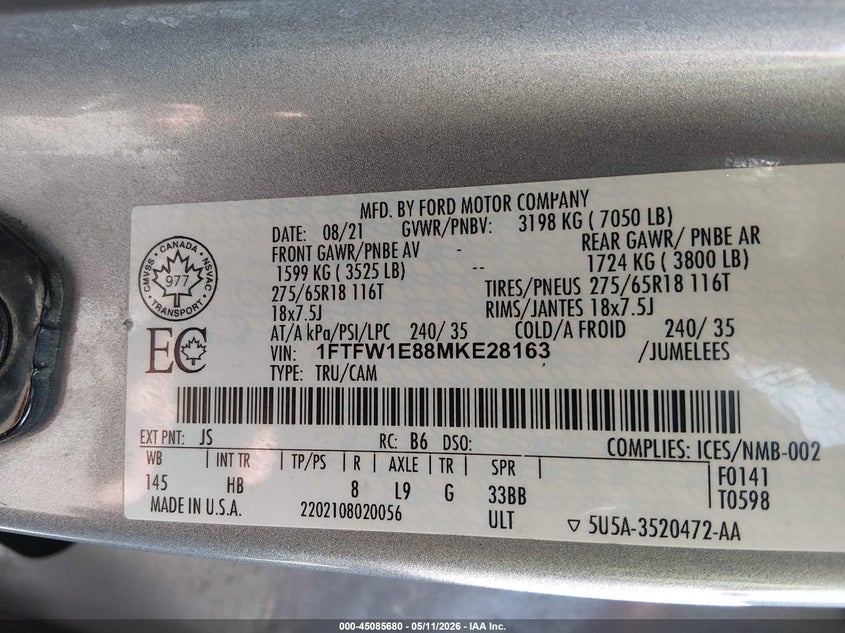 2021 Ford F-150 VIN 1FTFW1E88MKE28163 IAAI salvage auction — RIGHT SIDE, Salvage (Utah), sold $13,950 on 2026-07-09 (photo 9)