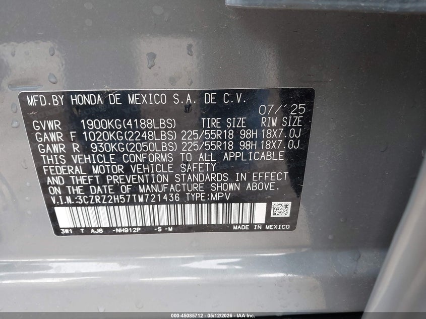 2026 Honda Hr-v VIN 3CZRZ2H57TM721436 IAAI salvage auction — RIGHT SIDE, Salvage (Indiana), sold $9,100 on 2026-07-28 (photo 9)