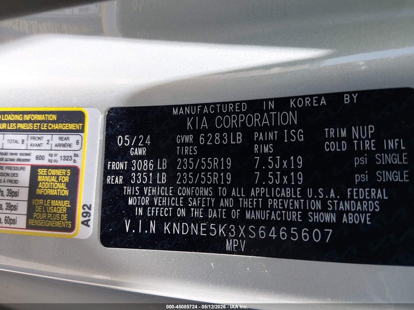 2025 Kia Carnival VIN KNDNE5K3XS6465607 IAAI salvage auction — REAR END, Clear (Tennessee), sold $14,750 on 2026-07-21 (photo 9)