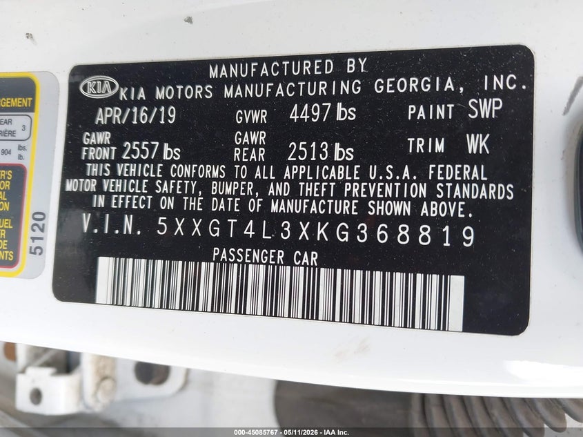 2019 Kia Optima VIN 5XXGT4L3XKG368819 IAAI salvage auction — THEFT, Mv-907A (New York), sold $800 on 2026-07-21 (photo 9)