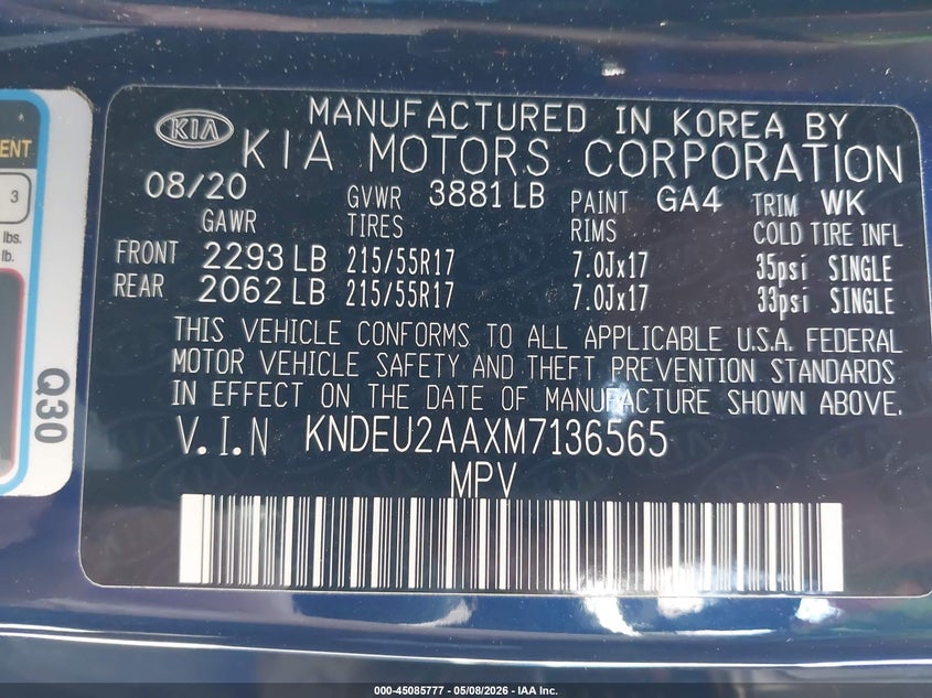 2021 Kia Seltos VIN KNDEU2AAXM7136565 IAAI salvage auction — SUSPENSION, Salvage (California), sold $3,850 on 2026-07-15 (photo 9)