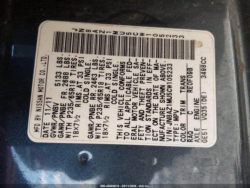 2012 Nissan Murano VIN JN8AZ1MU5CW105233 IAAI salvage auction — FRONT END, Salvage (Texas), sold $200 on 2026-07-28 (photo 9)