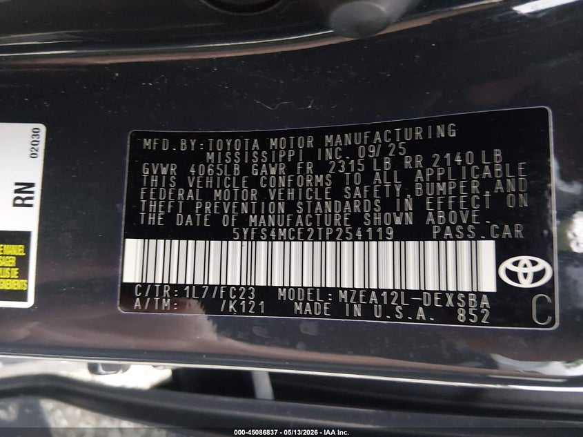 2026 Toyota Corolla VIN 5YFS4MCE2TP254119 IAAI salvage auction — RIGHT FRONT, Salvage (Idaho), sold $8,000 on 2026-07-07 (photo 9)