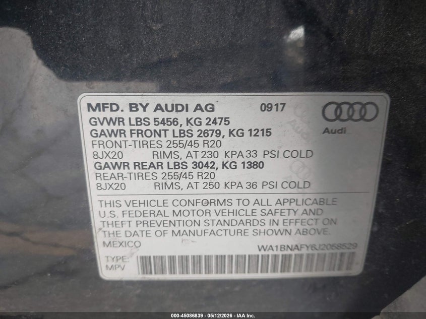 2018 Audi Q5 VIN WA1BNAFY6J2058529 IAAI salvage auction — RIGHT FRONT, Salvage (Georgia), sold $6,300 on 2026-07-29 (photo 9)