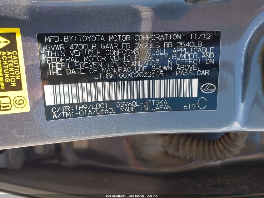 2013 Lexus ES VIN JTHBK1GGXD2032605 IAAI salvage auction — LEFT FRONT, Original (Texas), sold $4,100 on 2026-07-15 (photo 9)