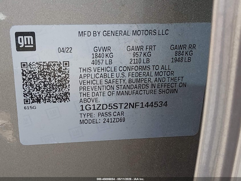 2022 Chevrolet Malibu VIN 1G1ZD5ST2NF144534 IAAI salvage auction — FRONT END, Salvage (California), sold $500 on 2026-07-18 (photo 9)