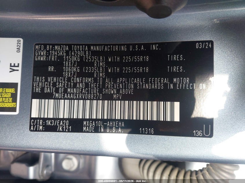 2024 Toyota Corolla cross VIN 7MUEAAAGXRV088270 IAAI salvage auction — FRONT END, Salvage (California), sold $7,050 on 2026-07-09 (photo 9)