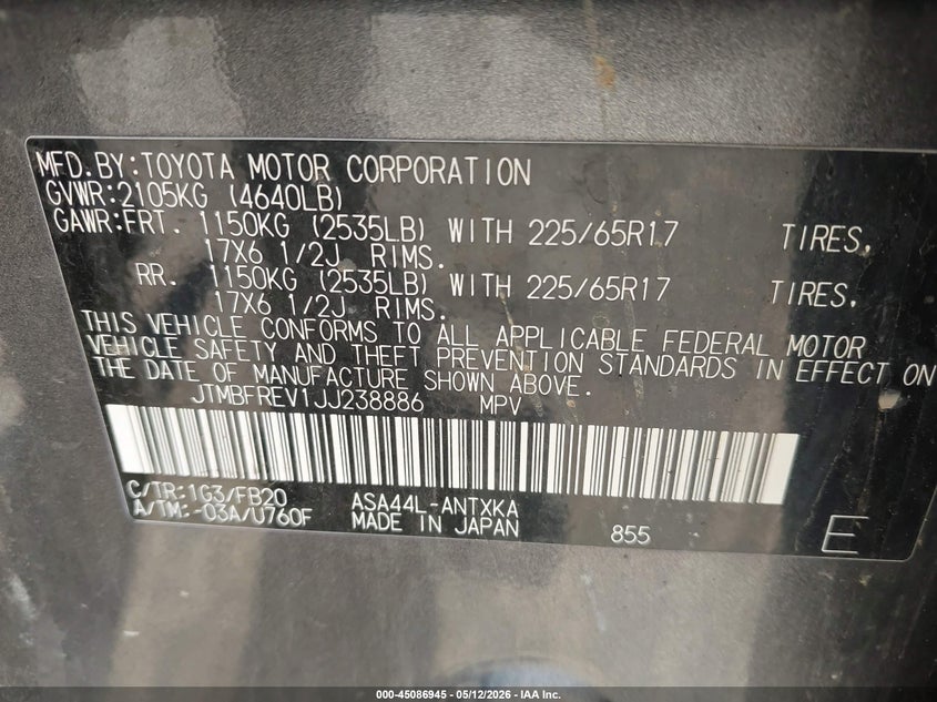 2018 Toyota Rav 4 VIN JTMBFREV1JJ238886 IAAI salvage auction — EXTERIOR BURN, Mv-907A (New York), sold $3,850 on 2026-07-09 (photo 9)