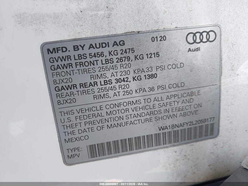 2020 Audi Q5 VIN WA1BNAFY2L2059177 IAAI salvage auction — FRONT END, Salvage (Georgia), sold $8,700 on 2026-07-15 (photo 9)
